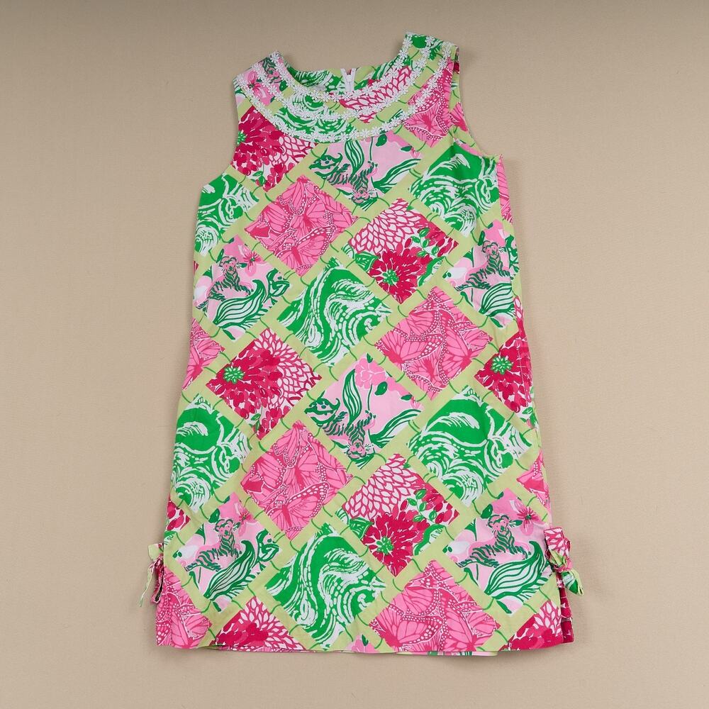 Lilly Pulitzer Dress Jubilee Shift Girls Sz 10 Pink Green Patch Lace Trim Floral